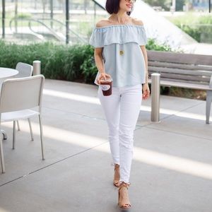 🛍2/$15 Off the Shoulder Ruffle Chambray Top Sz XS